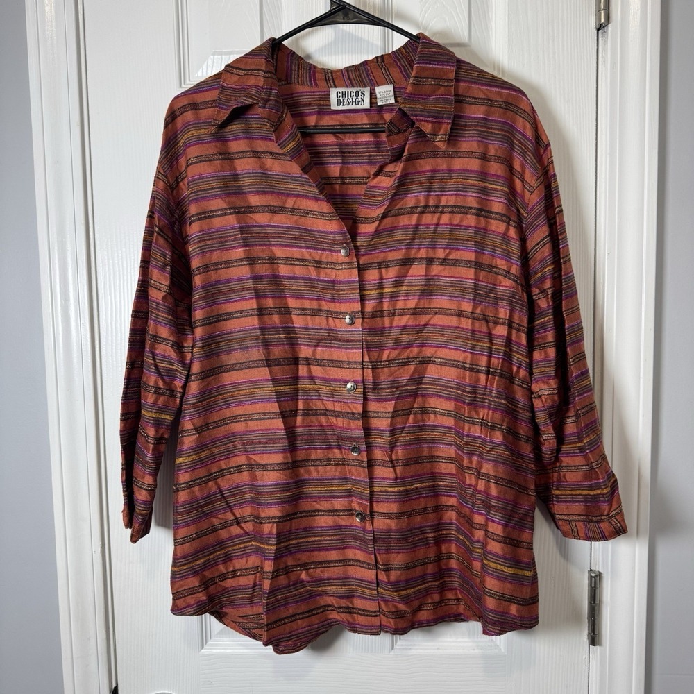VTG Chicos Design Striped Textured Red Silk Jacket Button Down Top 2 Large 12 14